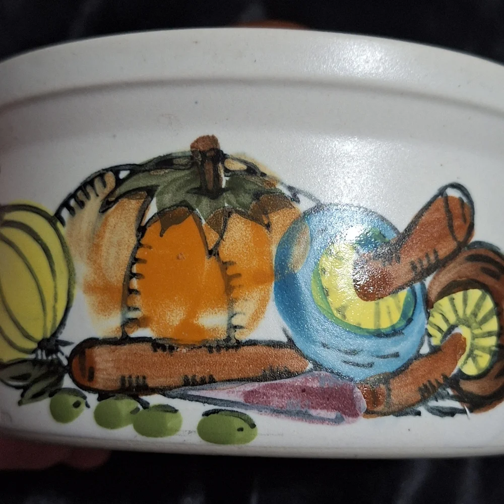 Vintage Stoneware Crock With Lid~Vegetable Design~Oven Proof~Korea~Hand Painted
